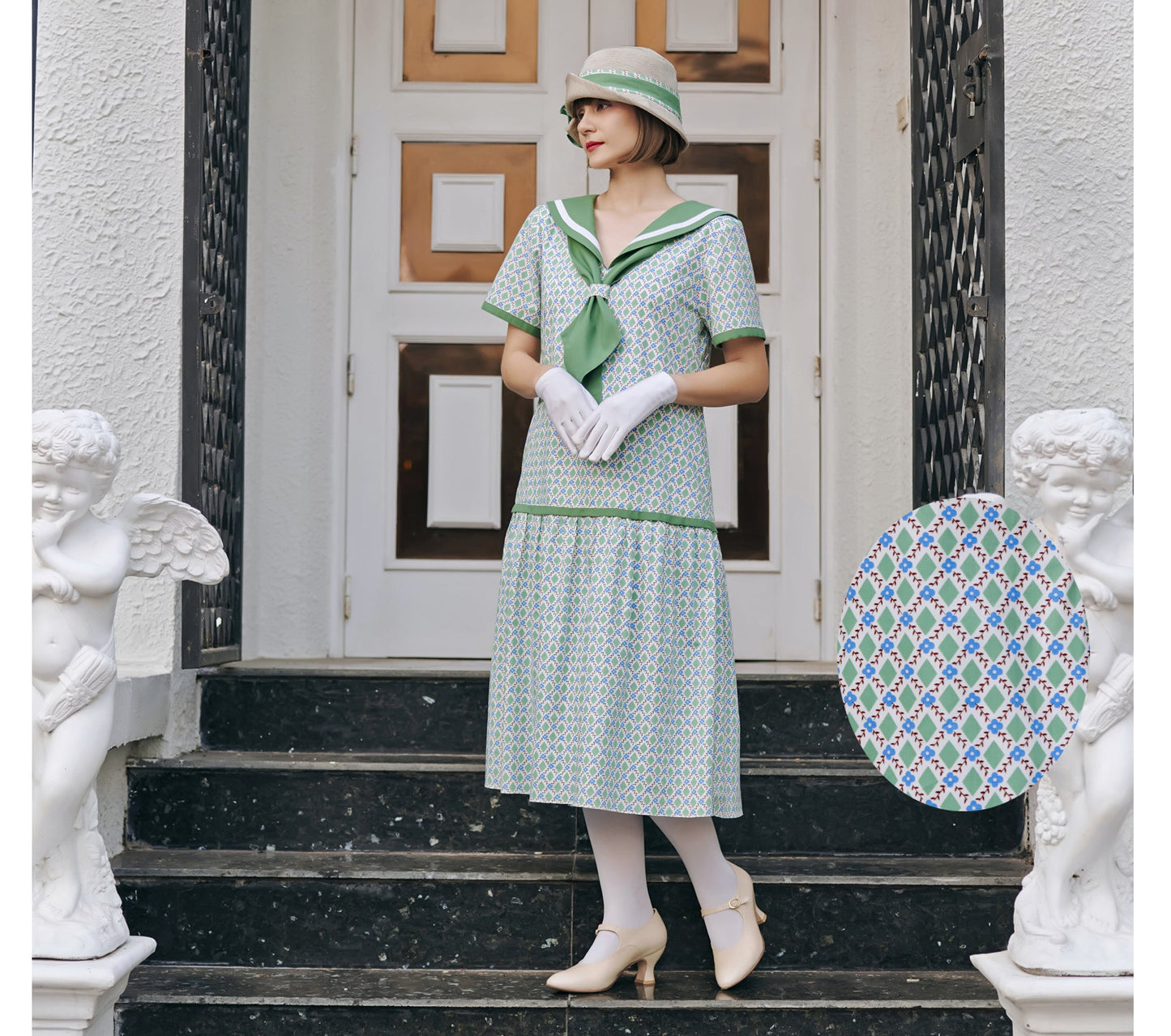 Cream cloche hat with green and white bow