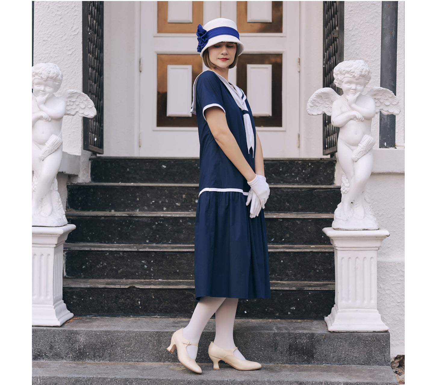 Navy blue and white cotton sailor dress in 1920s look