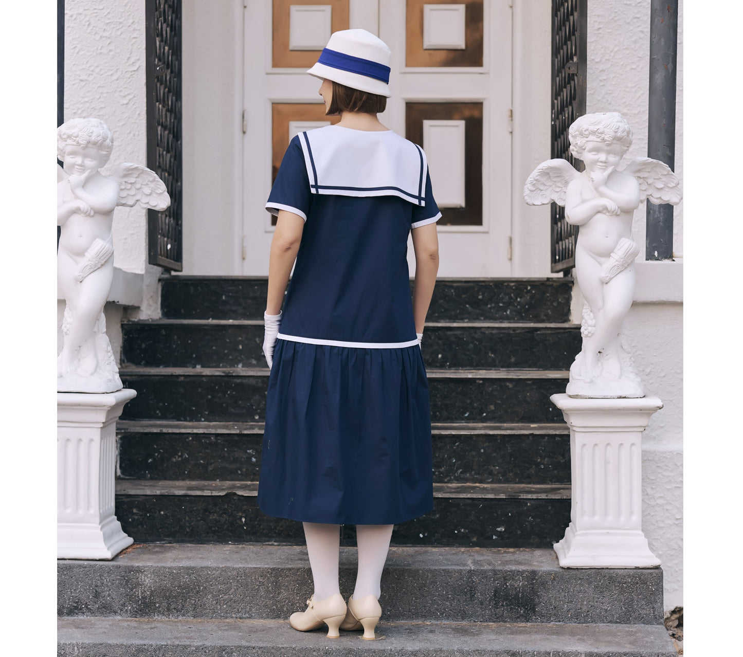 Navy blue and white cotton sailor dress in 1920s look