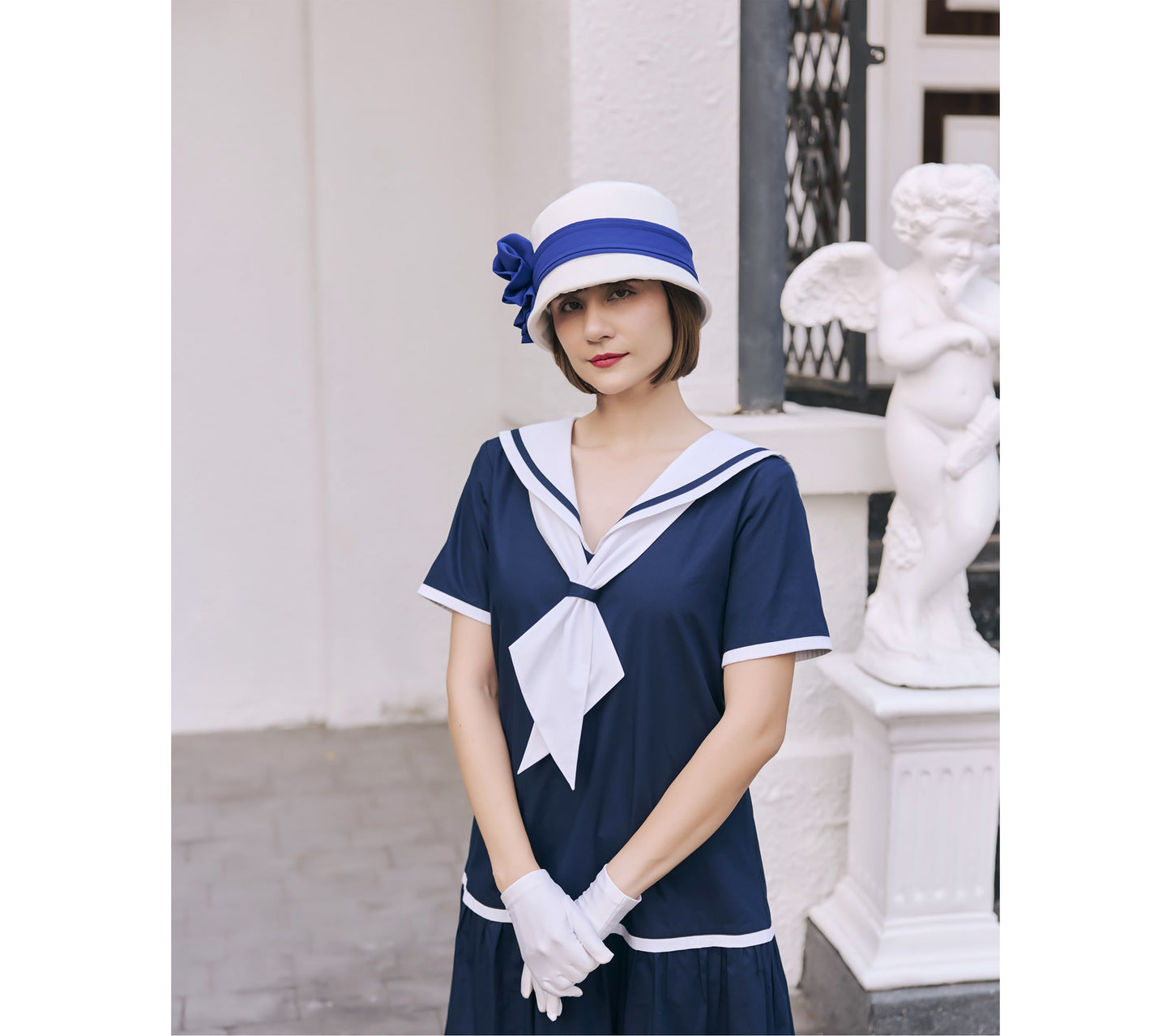 Navy blue and white cotton sailor dress in 1920s look
