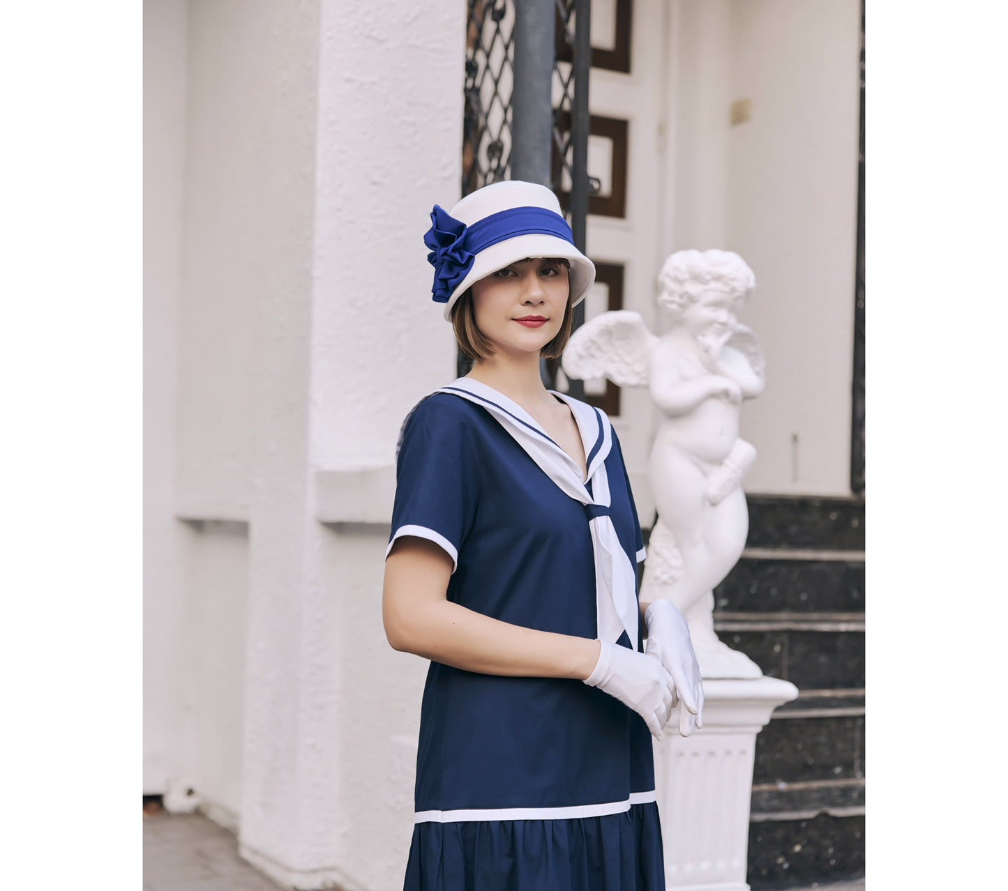 Navy blue and white cotton sailor dress in 1920s look