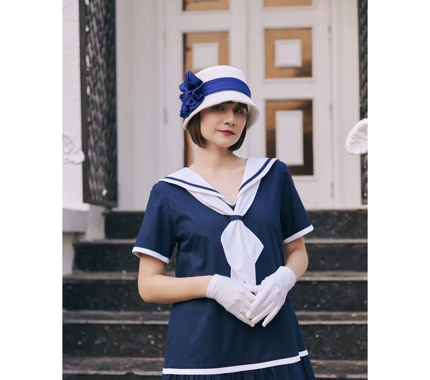 Navy blue and white cotton sailor dress in 1920s look