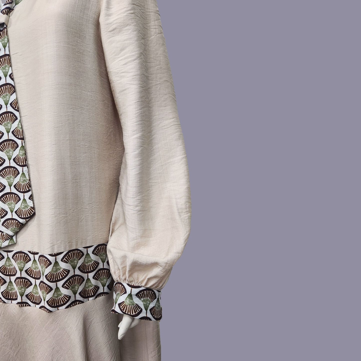 Close up of Beige Rayon Downton Abbey style Dress with Brown Deco Fan Print