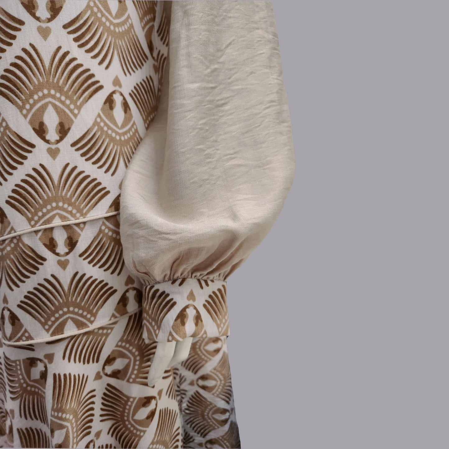 CLEARANCE: Brown Feather Rayon Blend Art Deco dress with beige sleeves