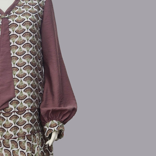1920s Dress in Brown Deco Fan Print and Dark Taupe Contrast details