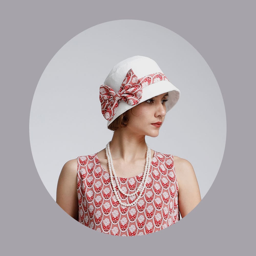 1920s dress in red Art Deco print and maroon red contrasting details