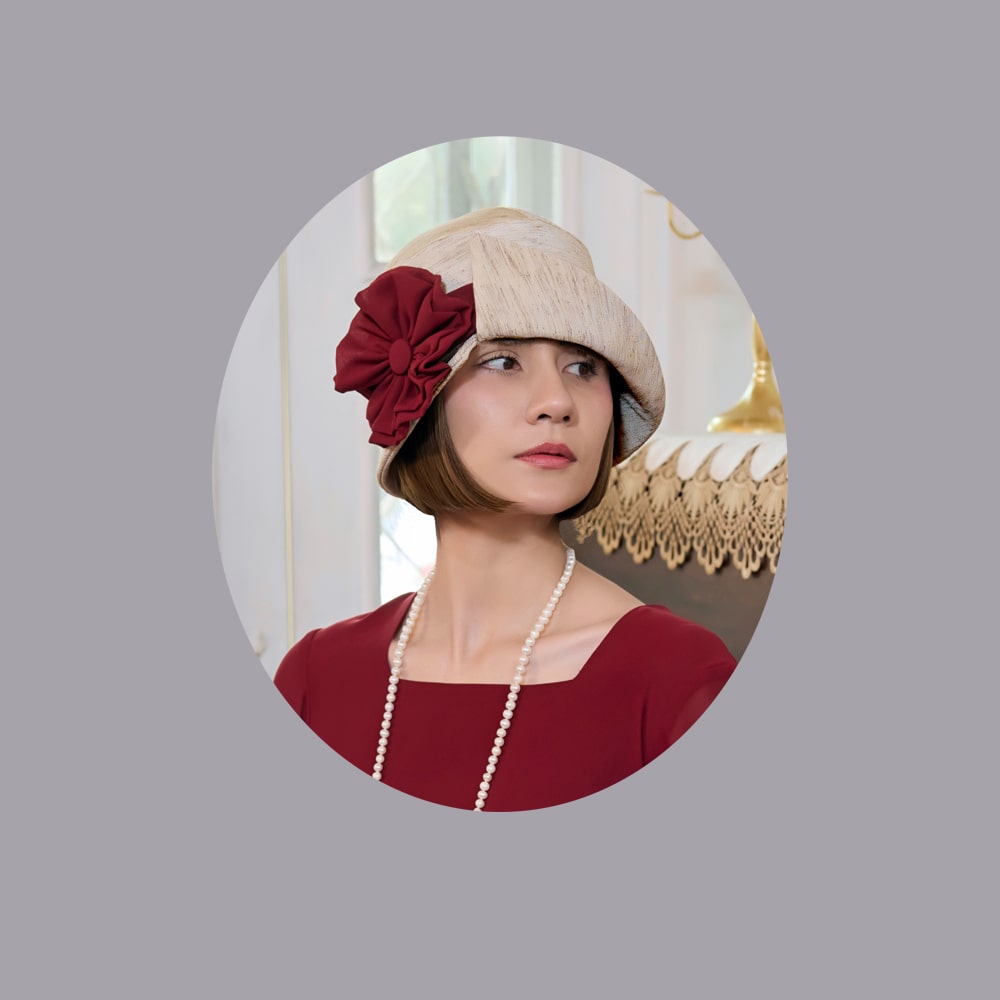 1920s dress in red Art Deco print and maroon red contrasting details