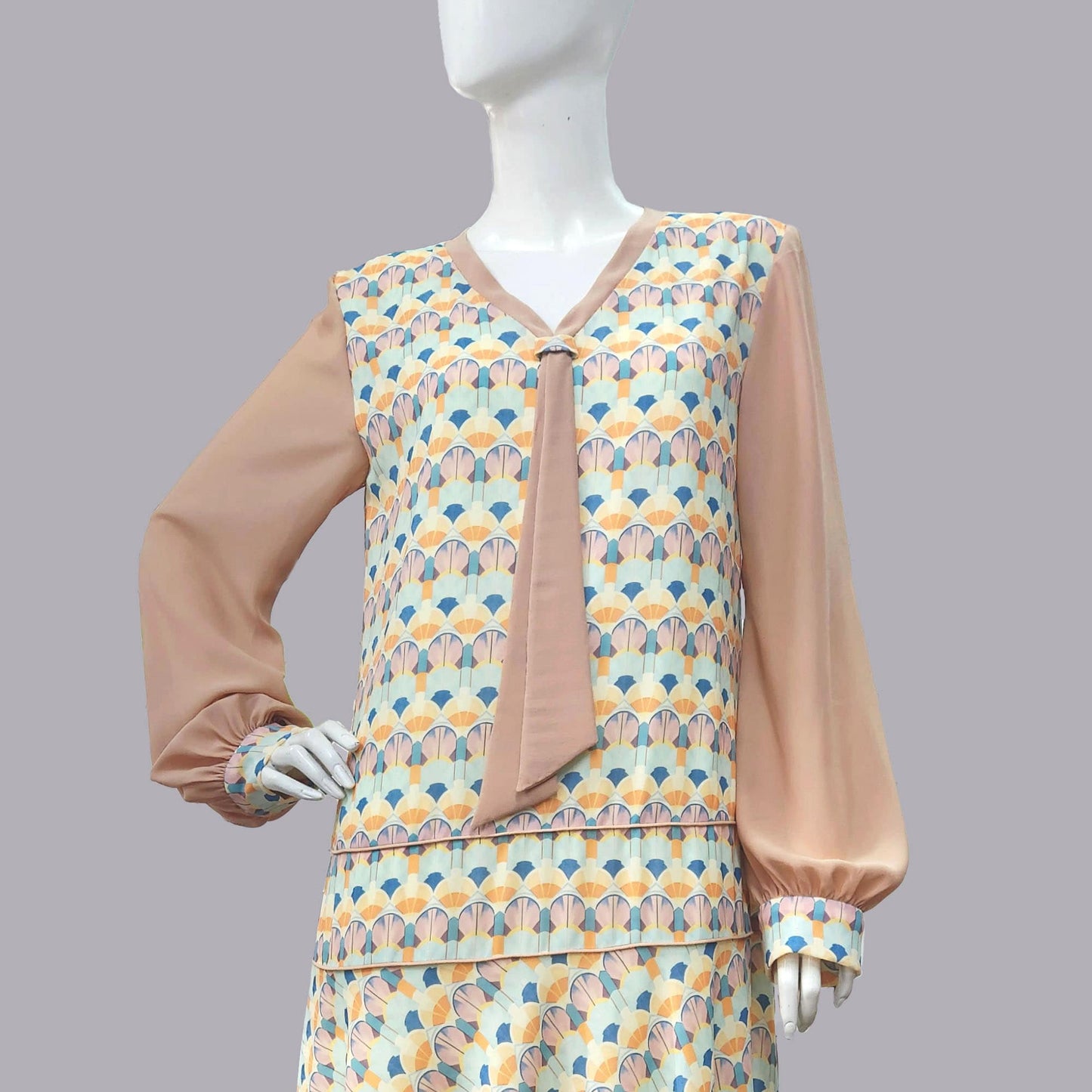 CLEARANCE: 1920s dress with Playful Pastel Art Deco Print and brown Contrast