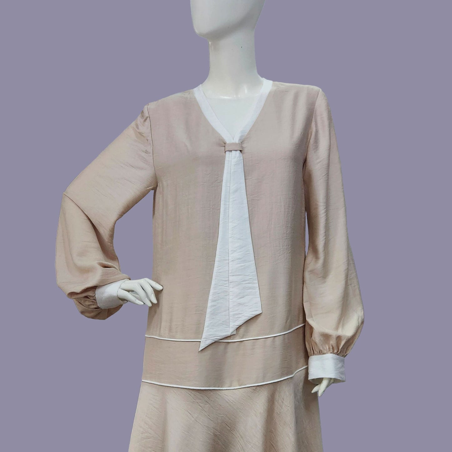 CLEARANCE: Beige 1920s Afternoon Tea Dress with Off-White Contrasting Details