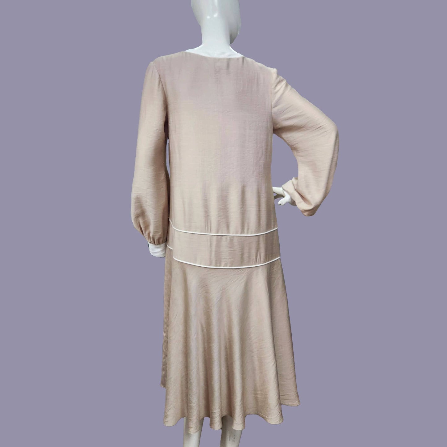 Beige 1920s Afternoon Tea Dress with Off-White Contrasting Details