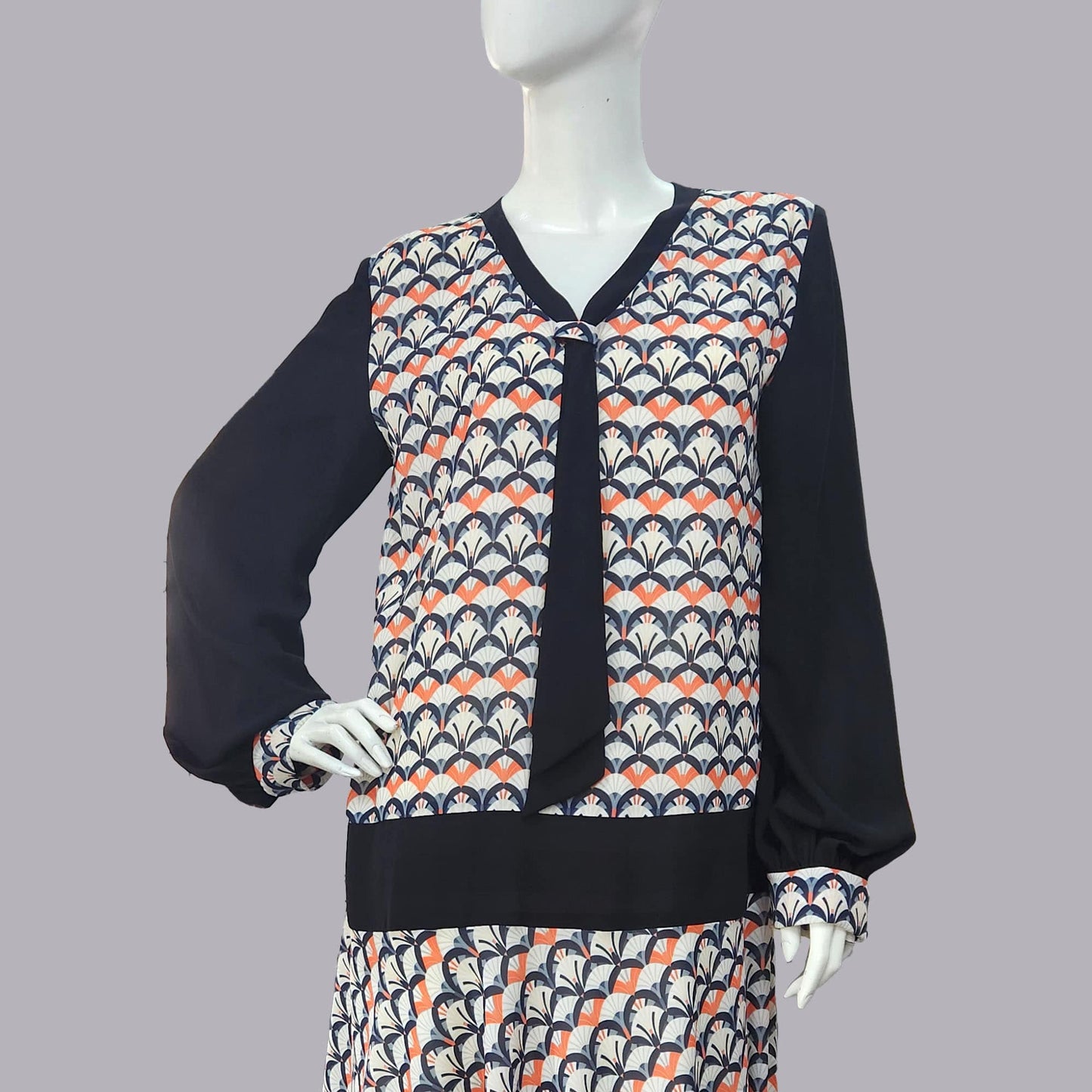CLEARANCE: 1920s dress in Art Deco Fan Print in Black, Ivory and Terracotta