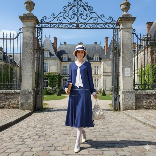 Rayon blend dress, 1920s nautical vibe in a solid blue design and white piping