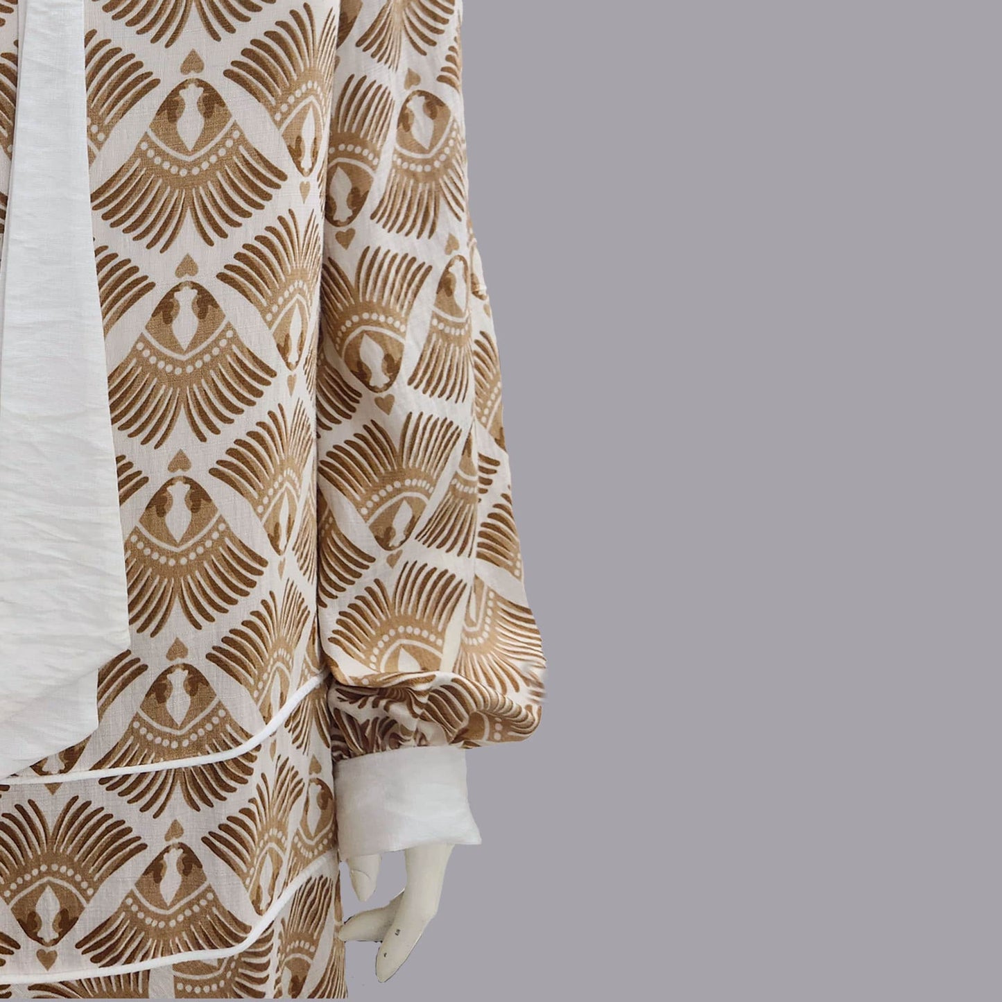Art Deco dress with a striking brown feather print in soft rayon blend