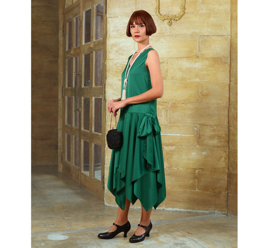 Satin roaring 20s party dress in green with handkerchief skirt - a vintage-inspired Roaring Twenties dress