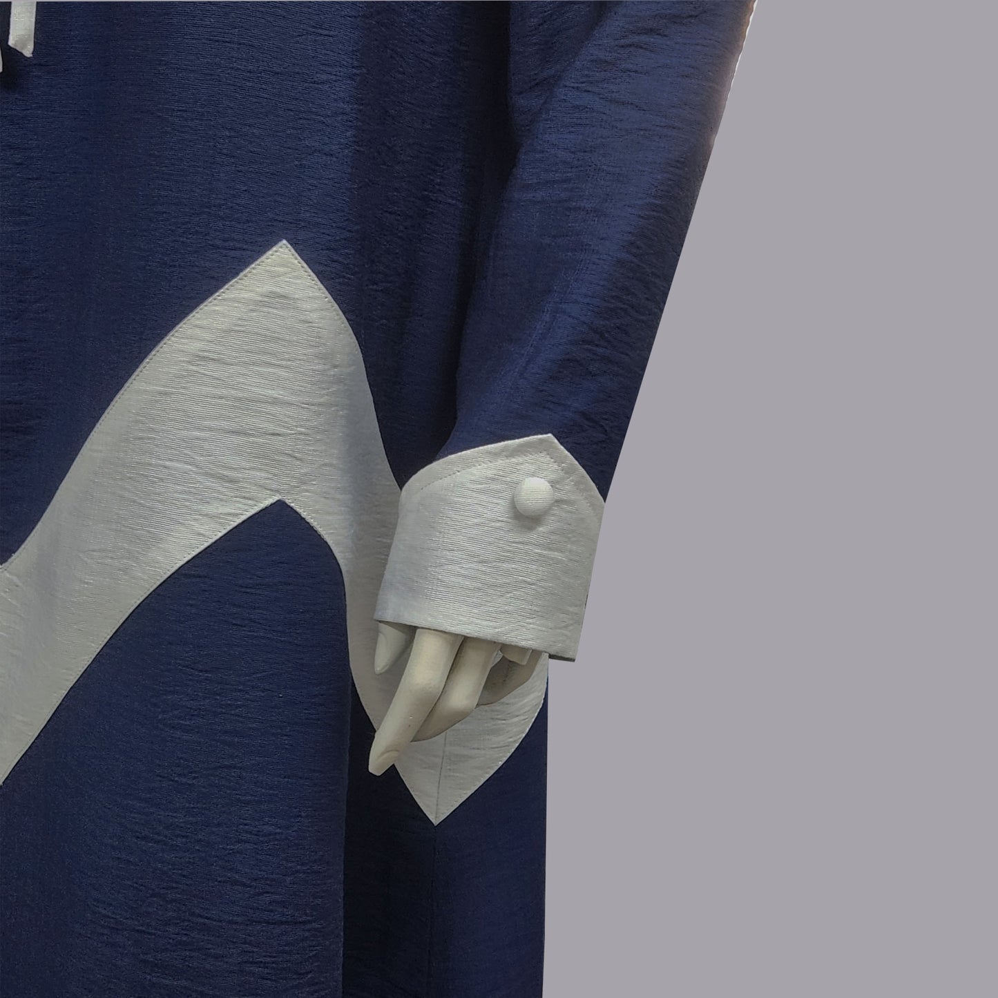 Art Deco dress in dark blue rayon blend with white zig zag detail