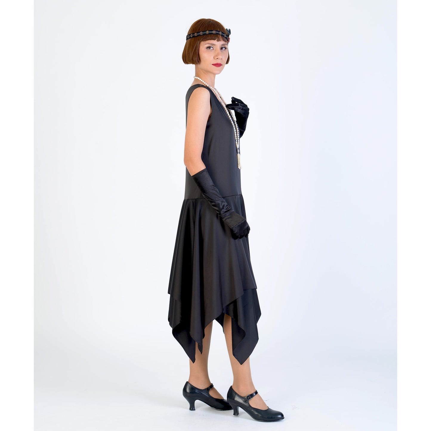 Black 1920s satin evening dress with handkerchief skirt