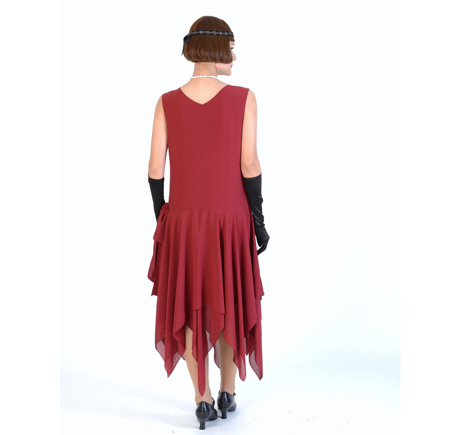 Maroon red 1920s party dress of chiffon with handkerchief skirt