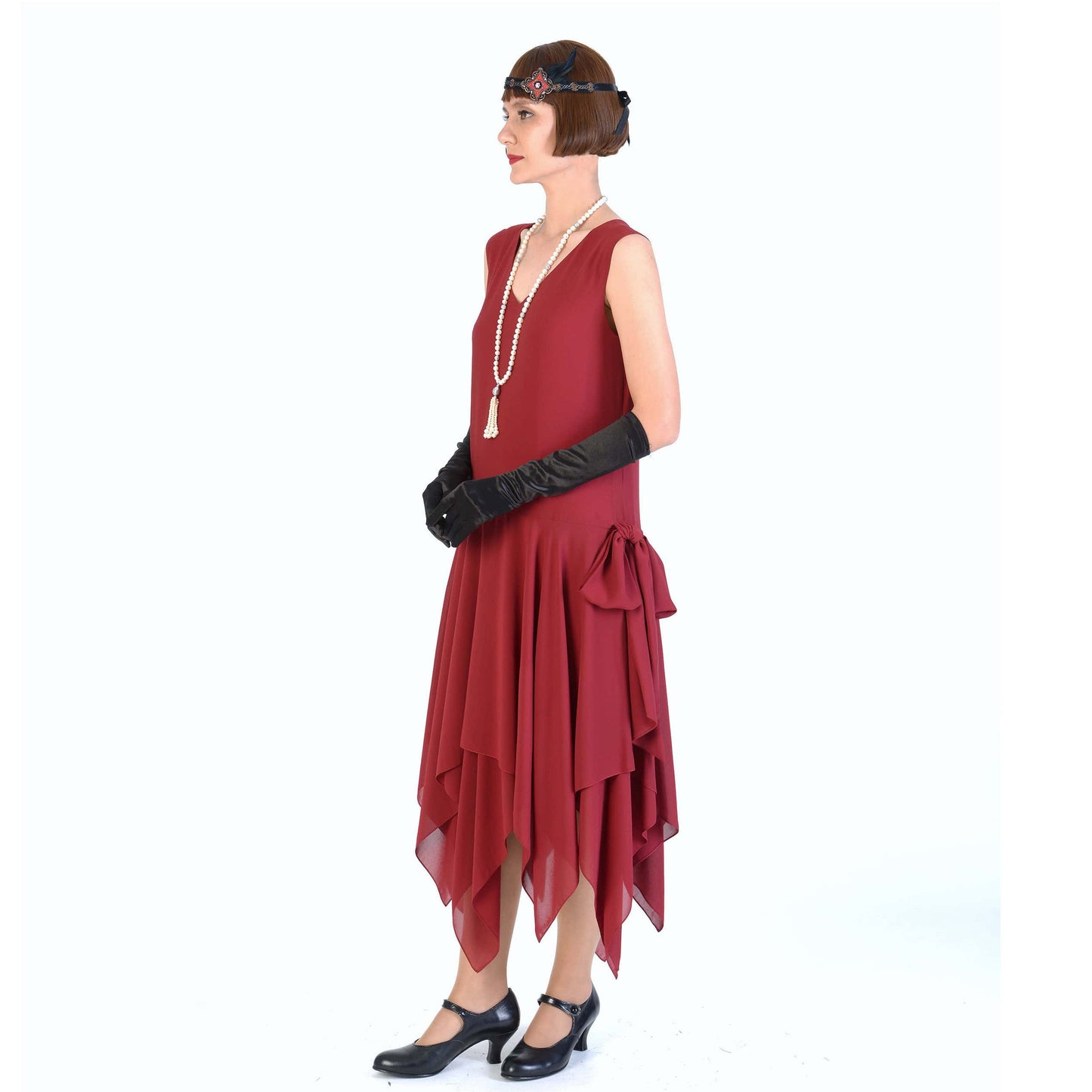 1920s chiffon party dress with handkerchief skirt in maroon red