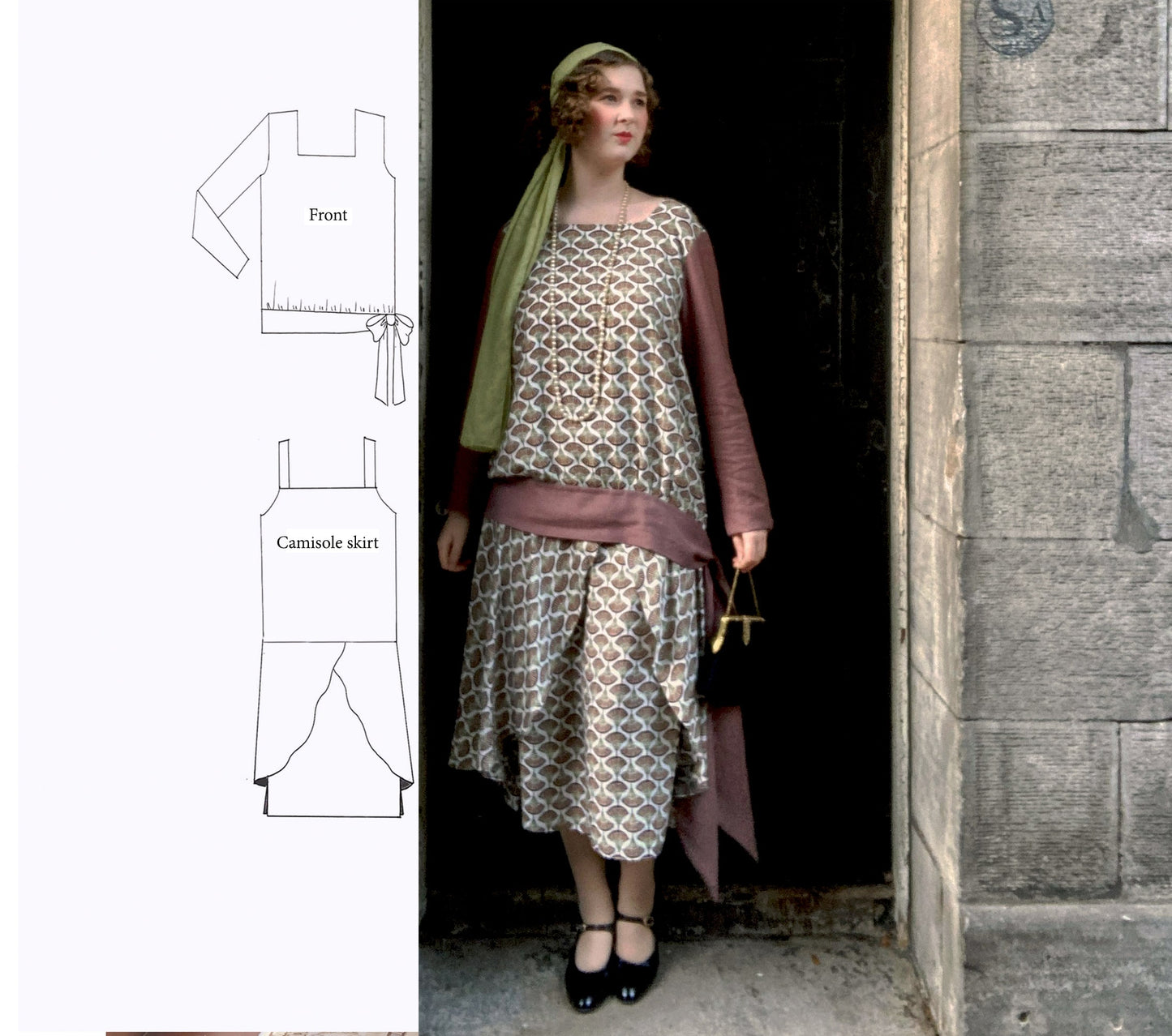 Two-Piece 1920s Dress in Fan Deco Brown Print with Dark Mauve Contrasts