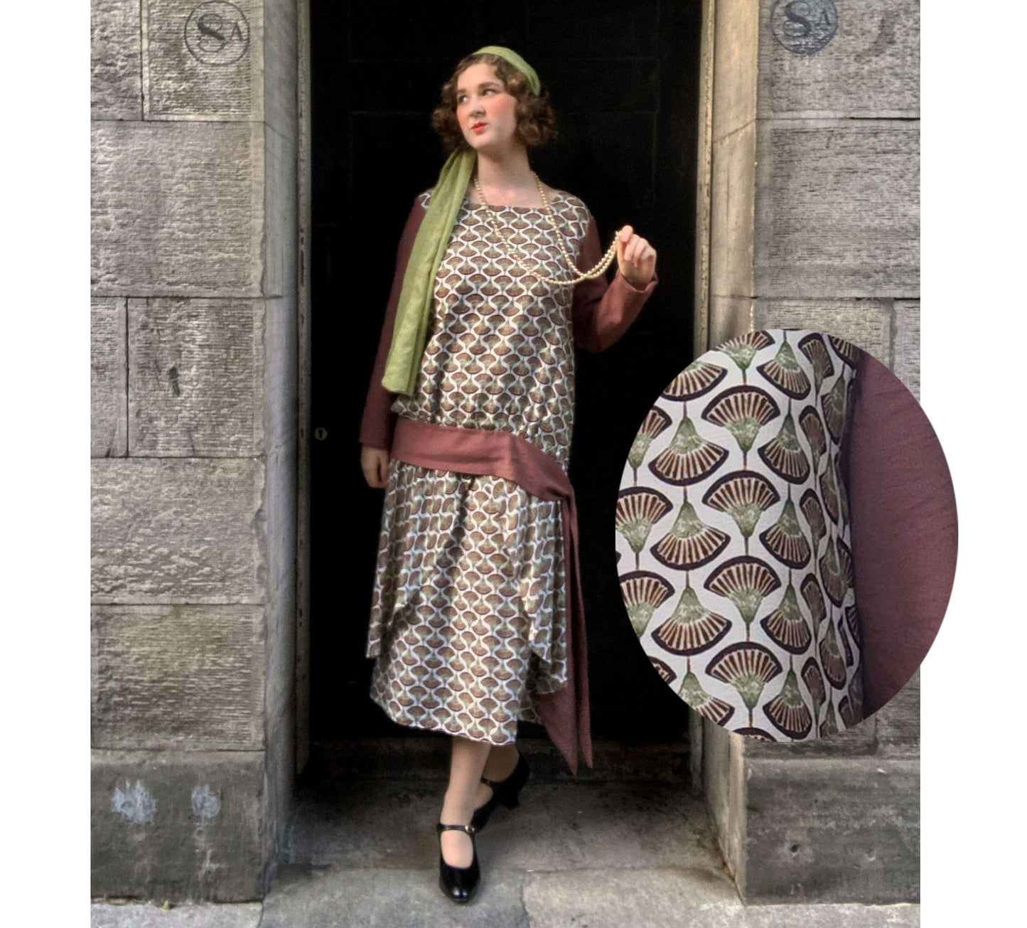 Two-Piece 1920s Dress in Fan Deco Brown Print with Dark Mauve Contrasts - close up of the print
