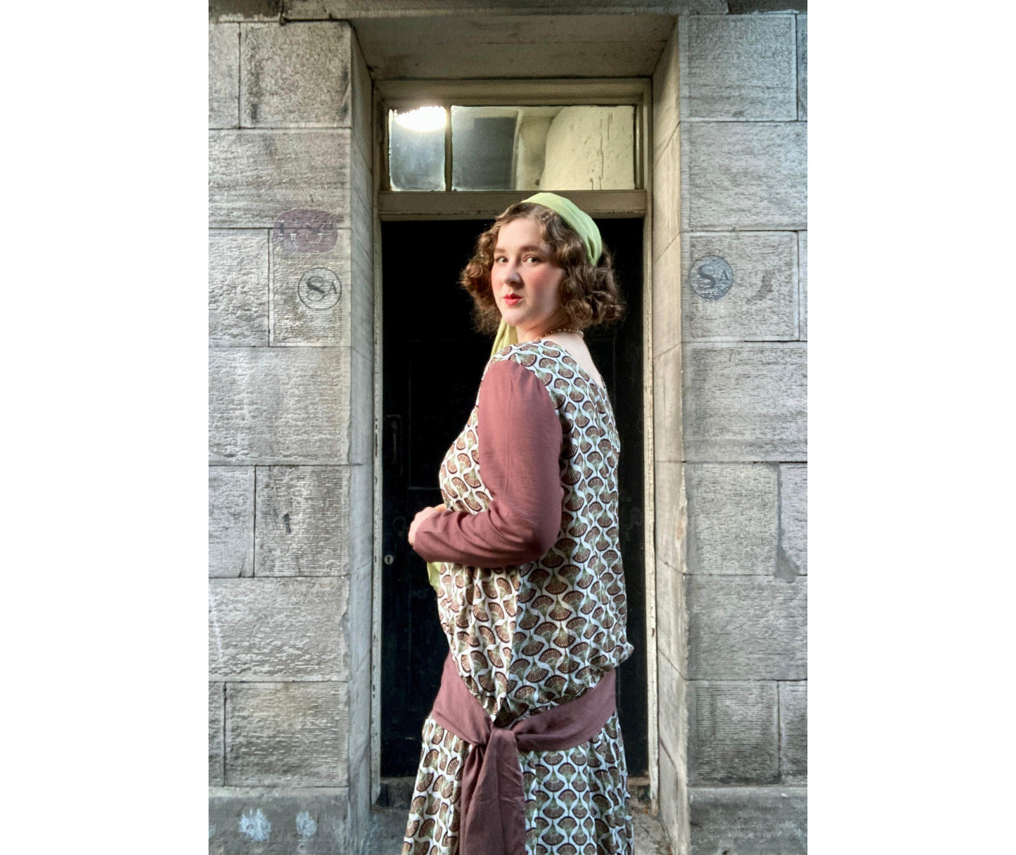 Two-Piece 1920s Dress in Fan Deco Brown Print with Dark Mauve Contrasts