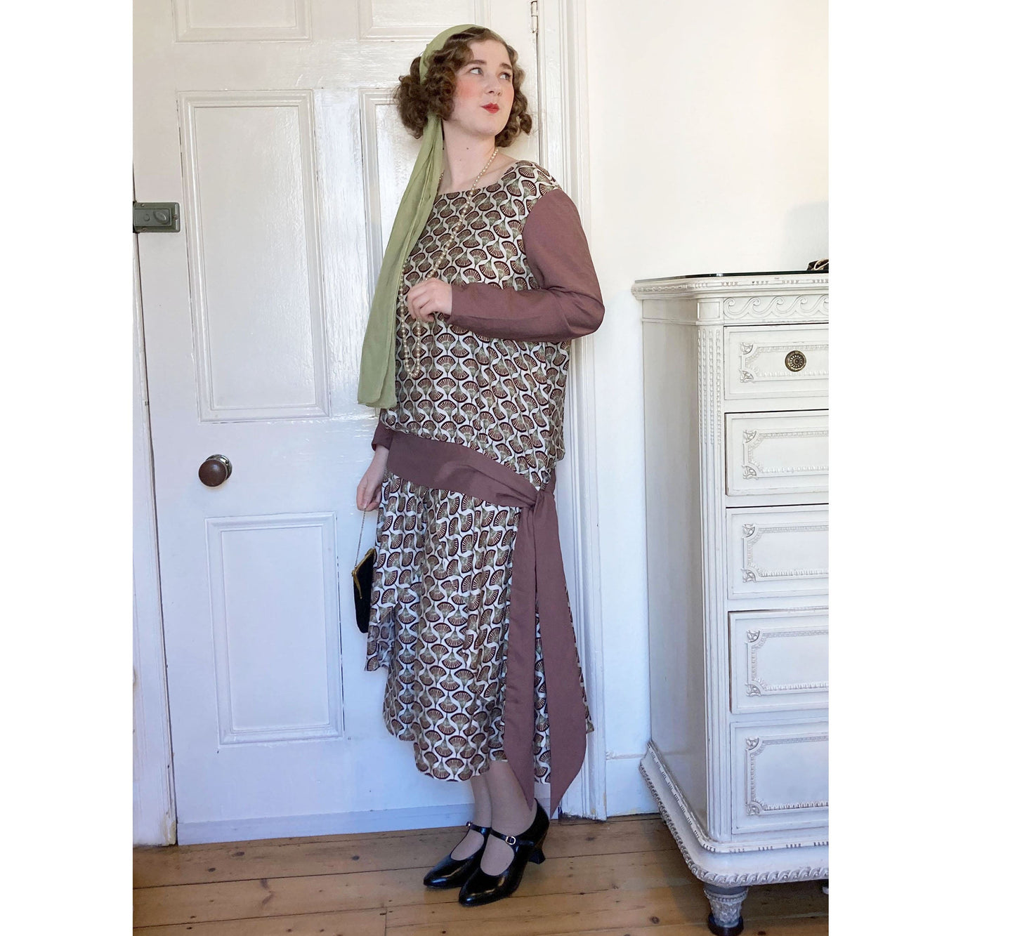 Two-Piece 1920s Dress in Fan Deco Brown Print with Dark Mauve Contrasts