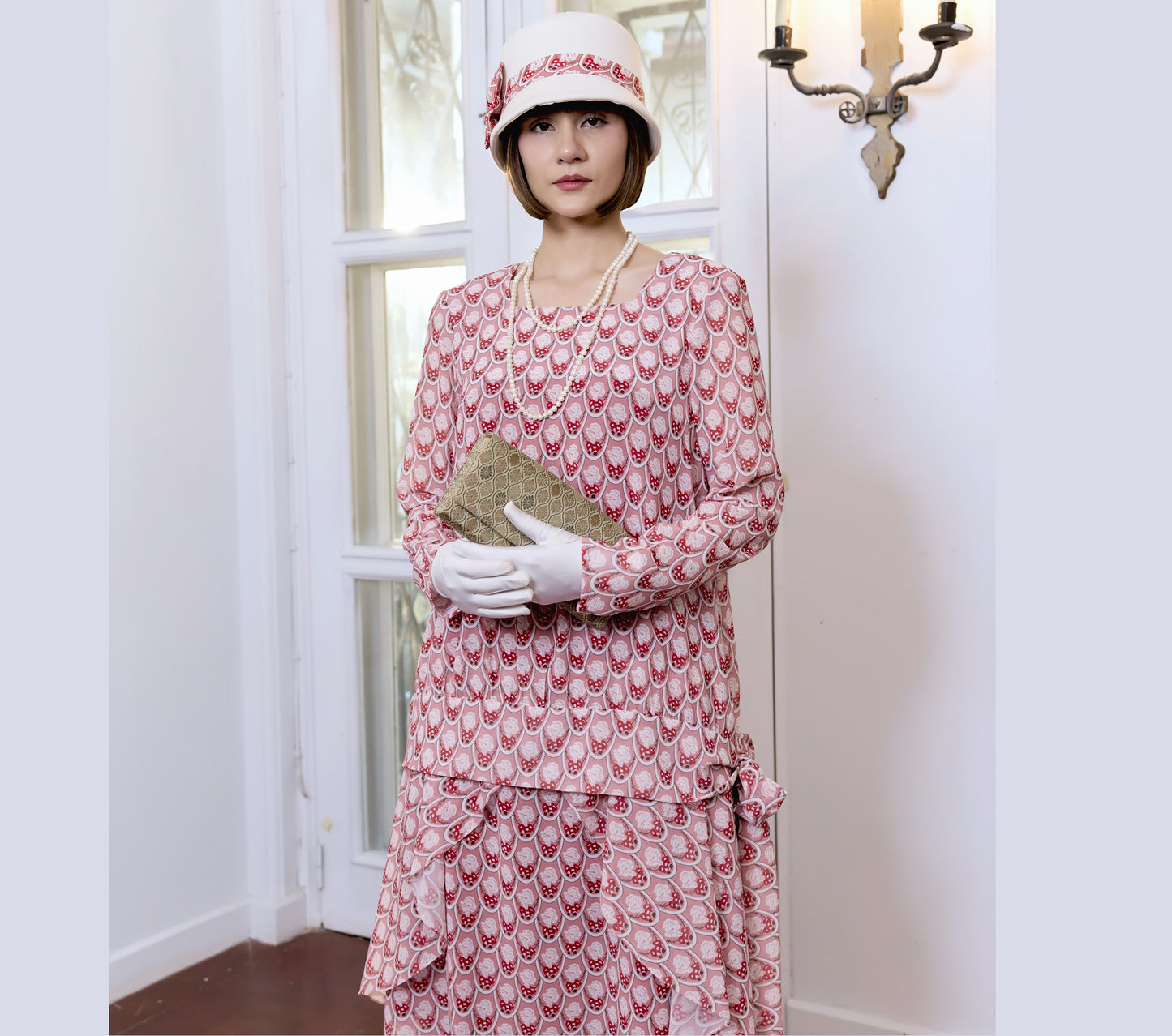 CLEARANCE: 2-piece Art Deco dress of red printed chiffon & long sleeves