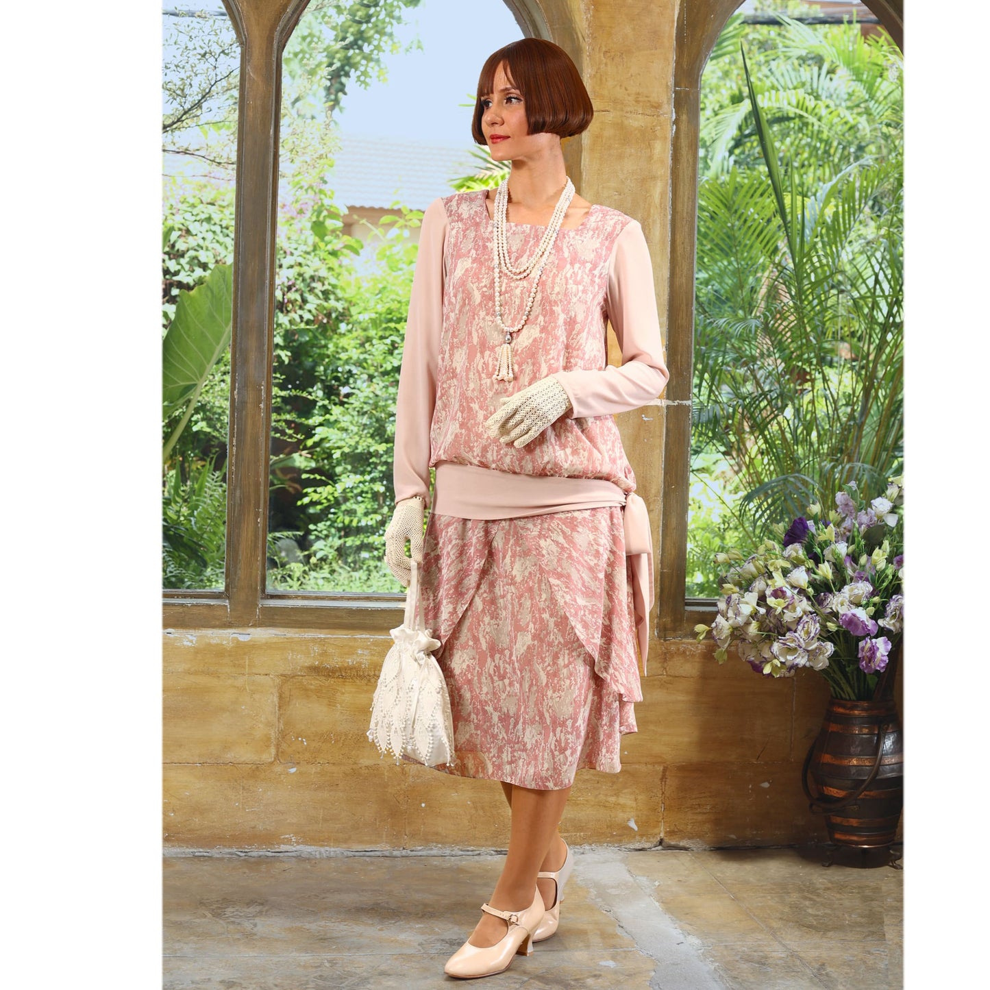 1920s Great Gatsby 2-piece set in printed mauve pink and nude