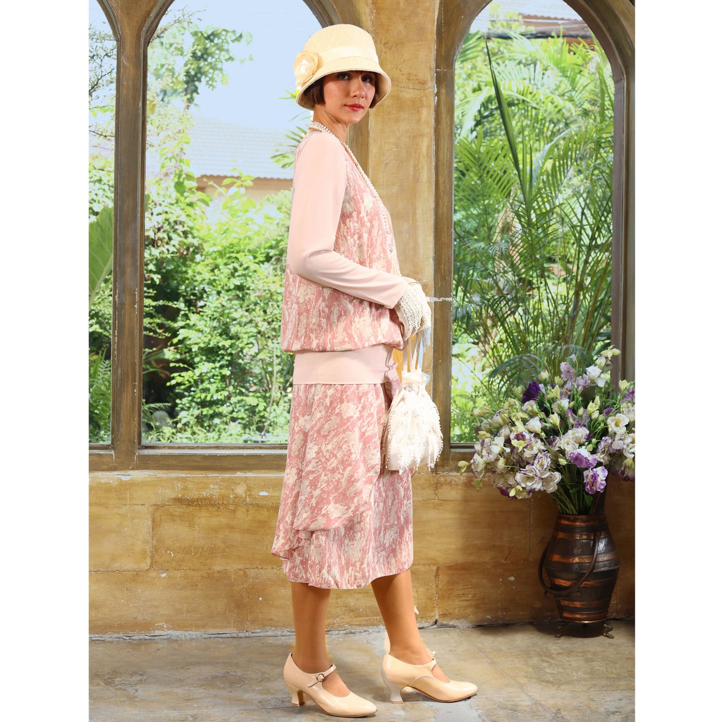 1920s Great Gatsby 2-piece set in printed mauve pink and nude