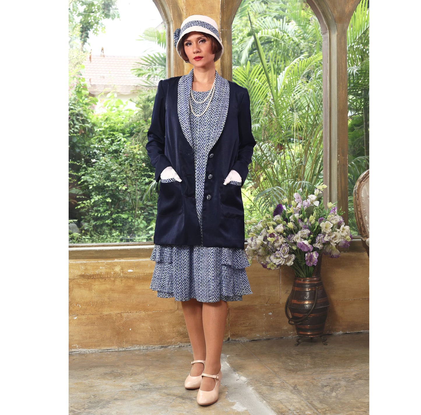 Great Gatsby party dress with tiered skirt in printed blue chiffon