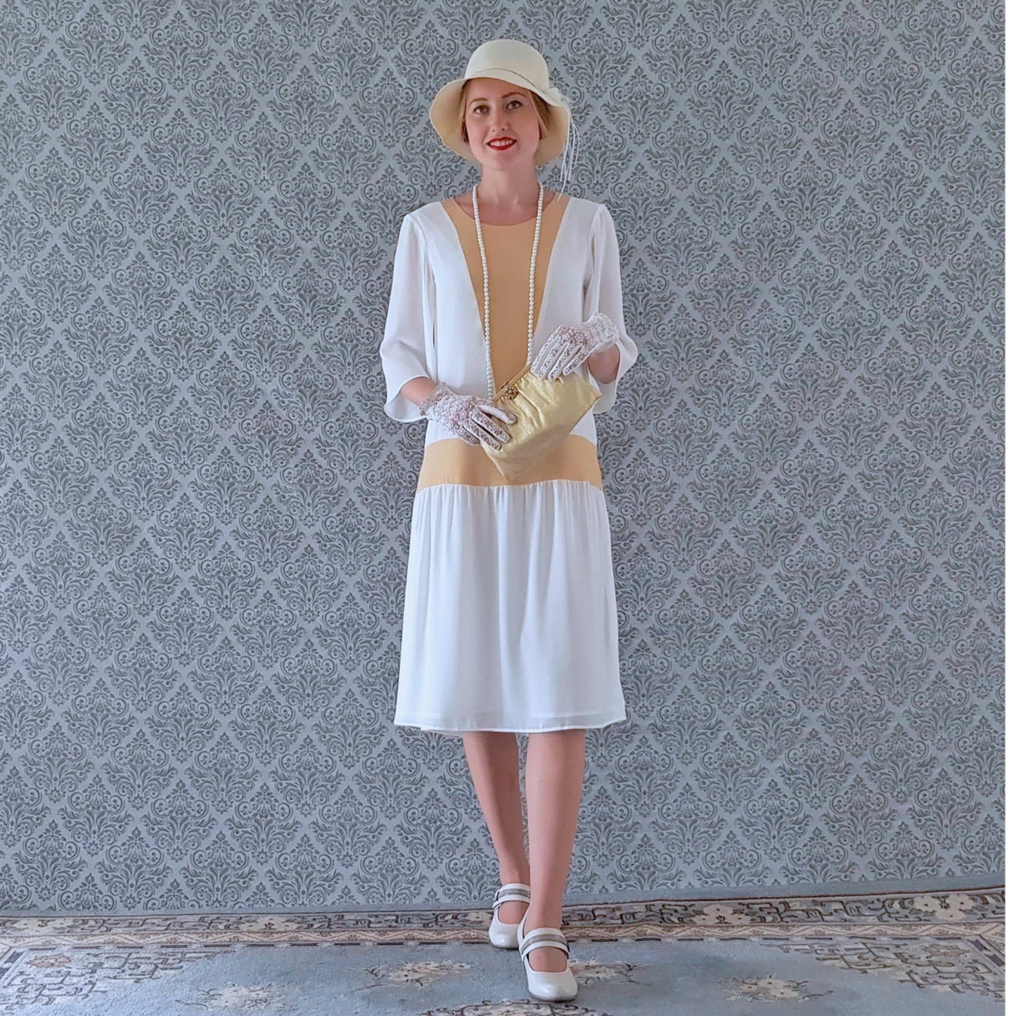 Off white and marigold Great Gatsby dress with elbow length sleeves - a vintage-inspired Roaring Twenties dress