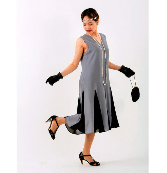 CLEARANCE: Grey 1920s Gatsby Dress with Black Contrast Godets