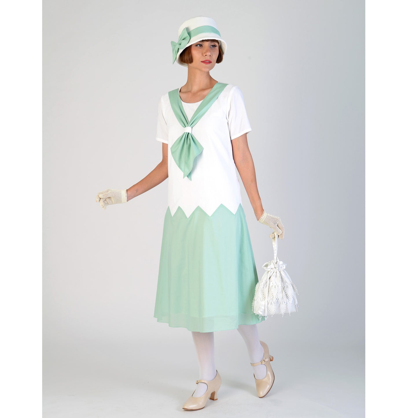 CLEARANCE: 1920s cotton day dress in white and mint green and zig zag seam