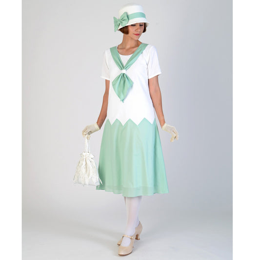 1920s cotton day dress in white and mint green and zig zag seam - a Roaring Twenties dress