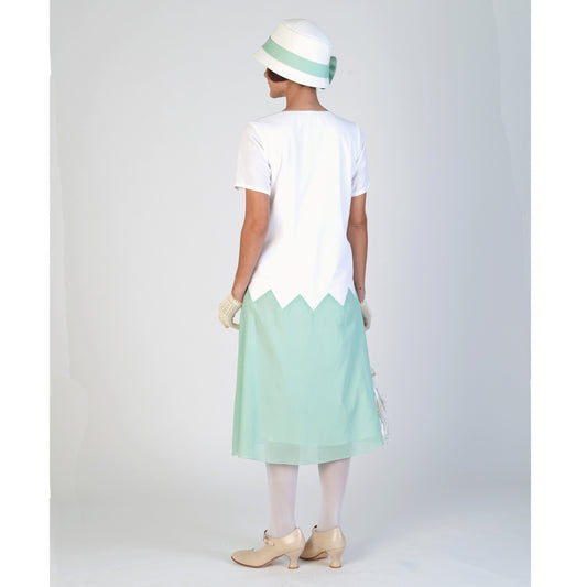 1920s cotton day dress in white and mint green and zig zag seam