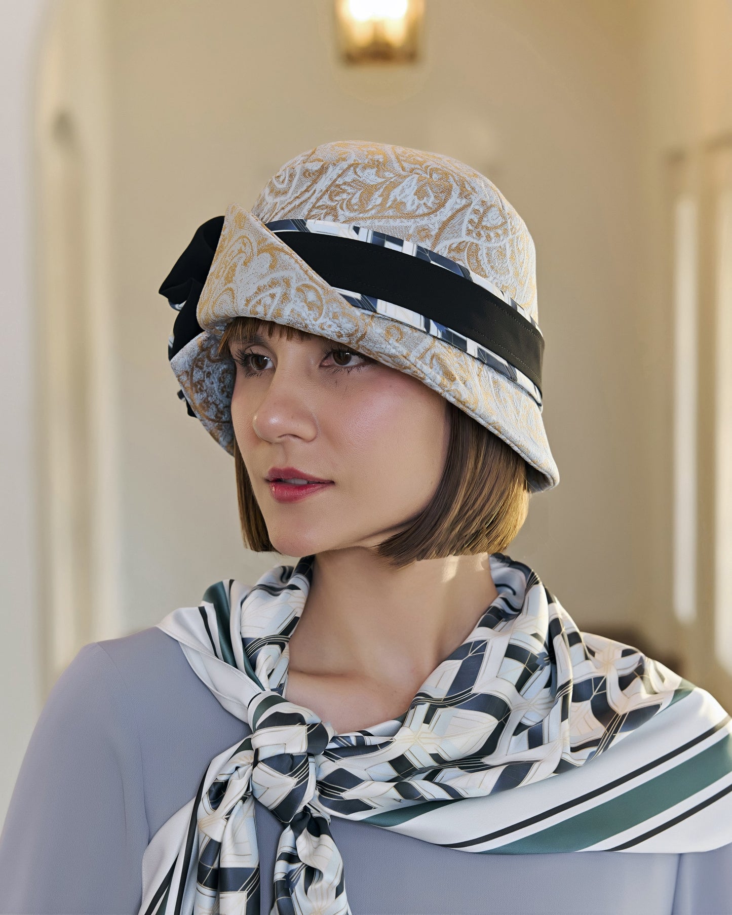 Great Gatsby garden party hat in light blue/brown with art deco ribbon