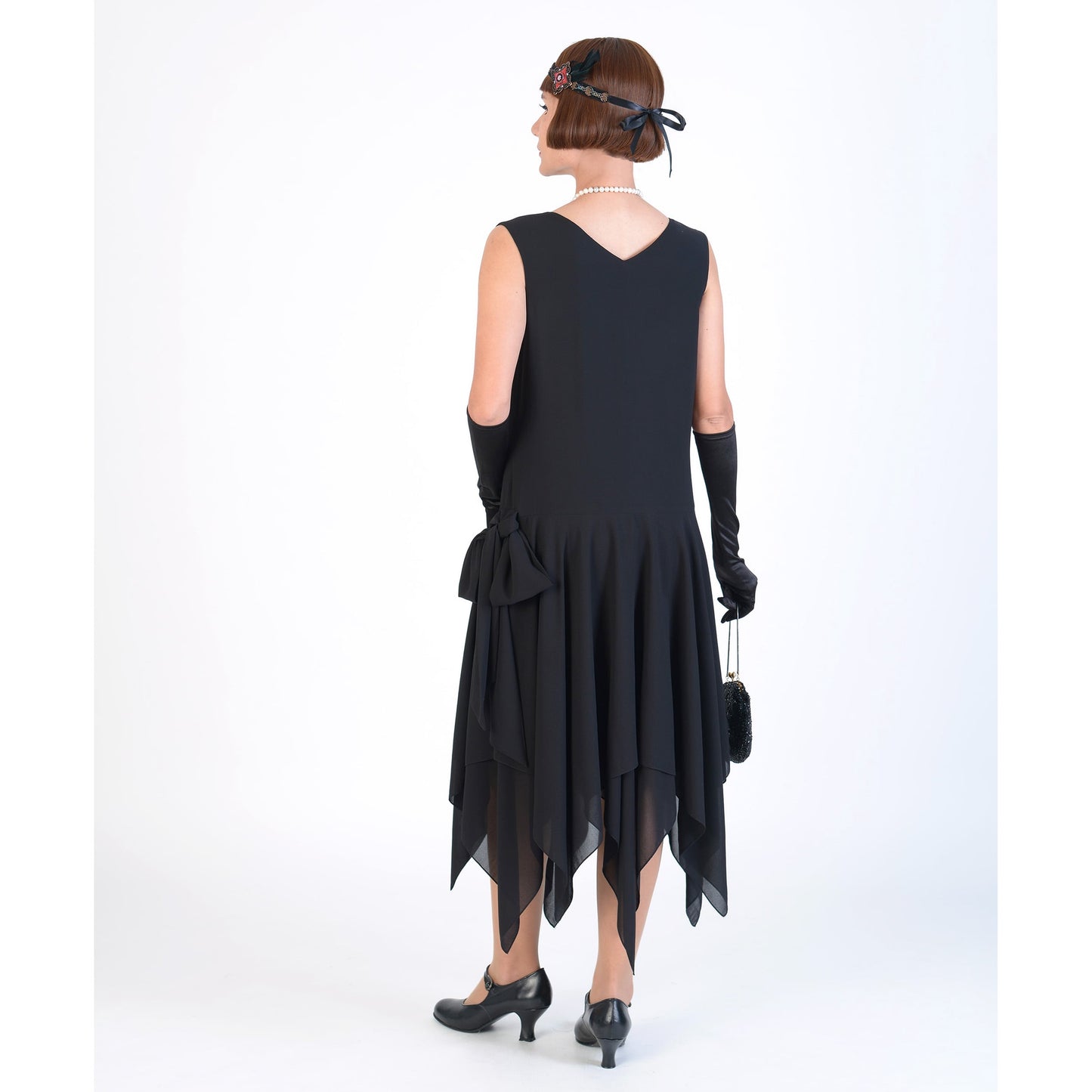 1920s chiffon Gatsby party dress with handkerchief skirt in black