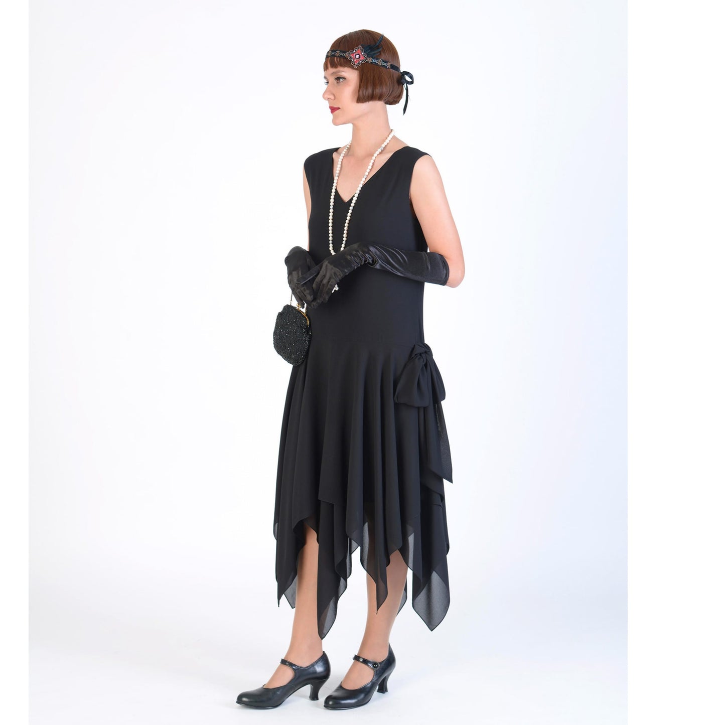 1920s chiffon Gatsby party dress with handkerchief skirt in black