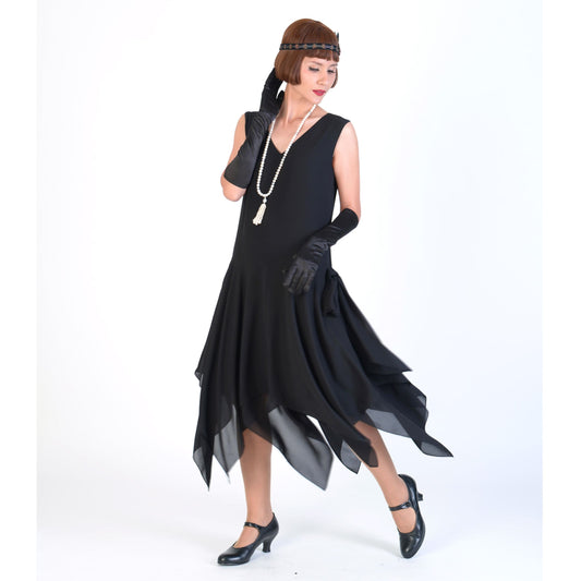 1920s chiffon Gatsby party dress with handkerchief skirt in black - a Roaring Twenties dress
