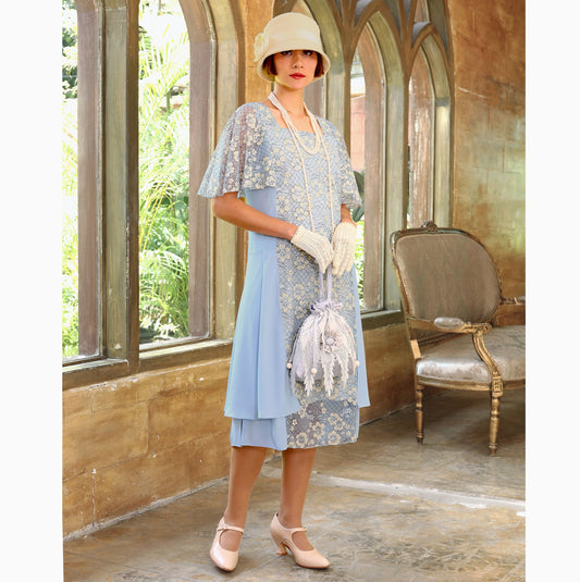1920s garden party dress in light blue and floral lace - a vintage-inspired Roaring Twenties dress