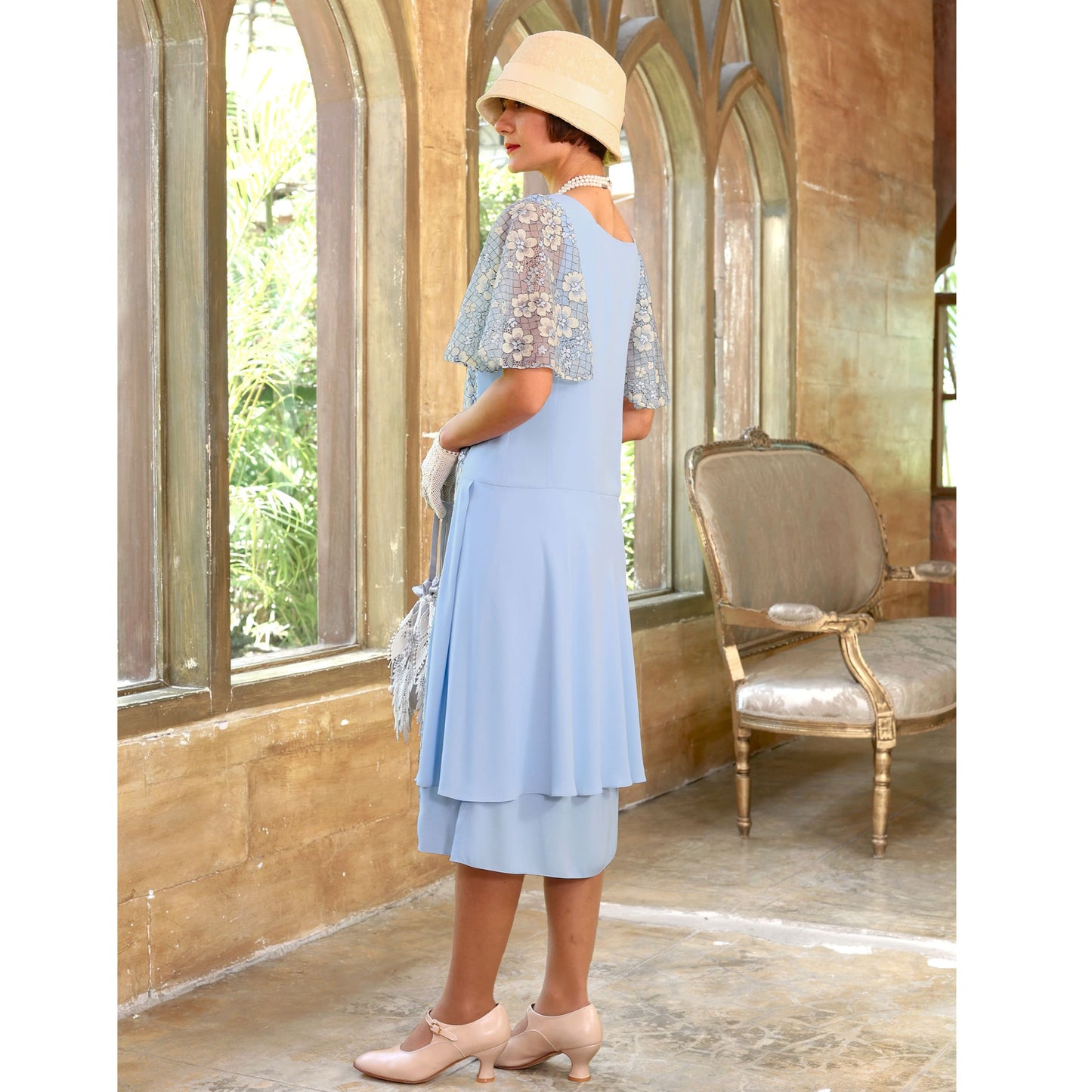 1920s garden party dress in light blue and floral lace