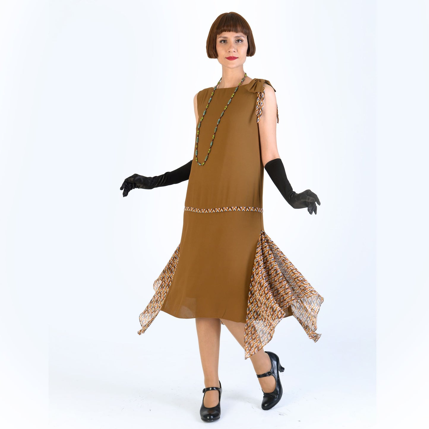 Gatsby party dress in brown crepe georgette and printed brown chiffon