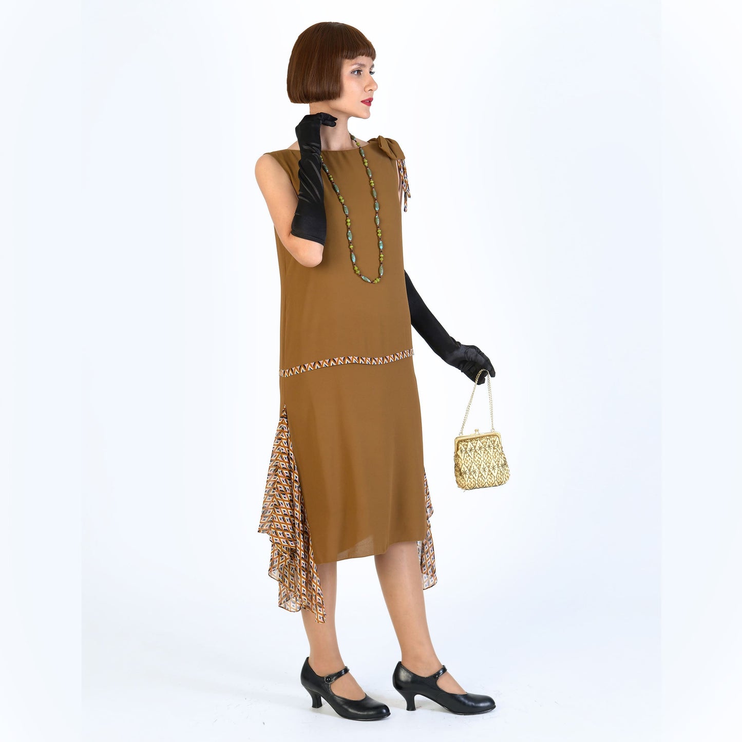 Gatsby party dress in brown crepe georgette and printed brown chiffon