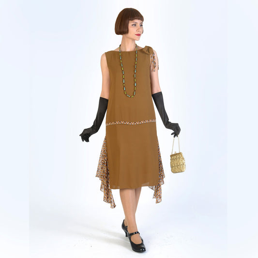 Gatsby party dress in brown crepe georgette and printed brown chiffon - a vintage-inspired Roaring Twenties dress