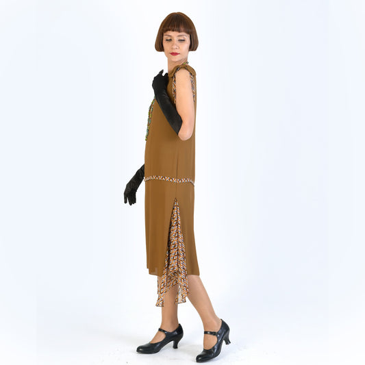 Gatsby party dress in brown crepe georgette and printed brown chiffon