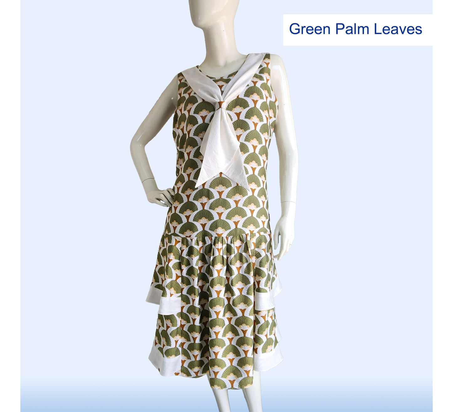 CLEARANCE: Sleeveless 1920s daywear in feather deco print and tiered skirt