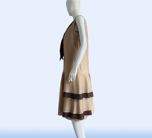 CLEARANCE: Golden brown Jazz Age Lawn Party Dress with Dark Brown Details