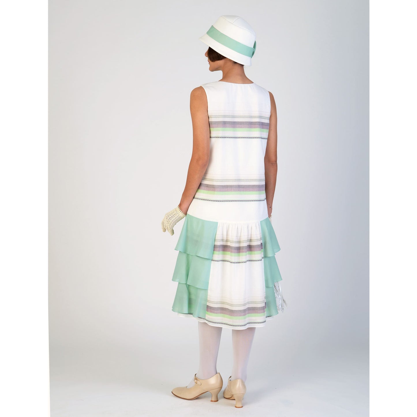 1920s cotton garden party dress in light cream and mint green