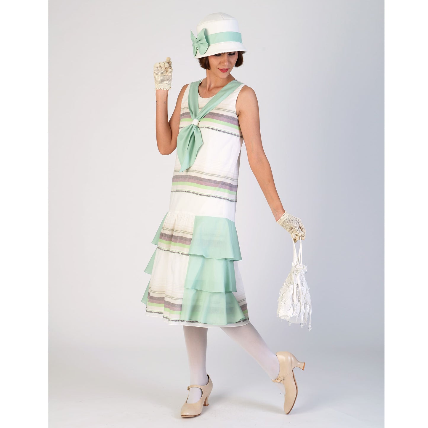 1920s cotton garden party dress in light cream and mint green