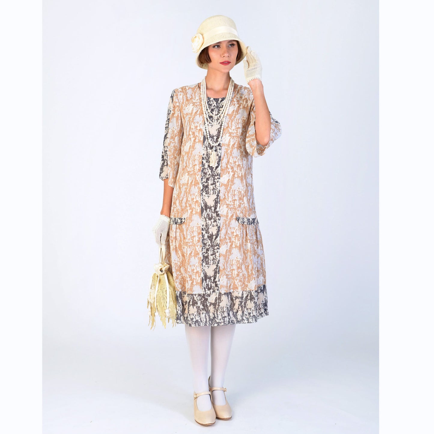1920s chiffon dress in brown and black camouflage - a vintage-inspired dress